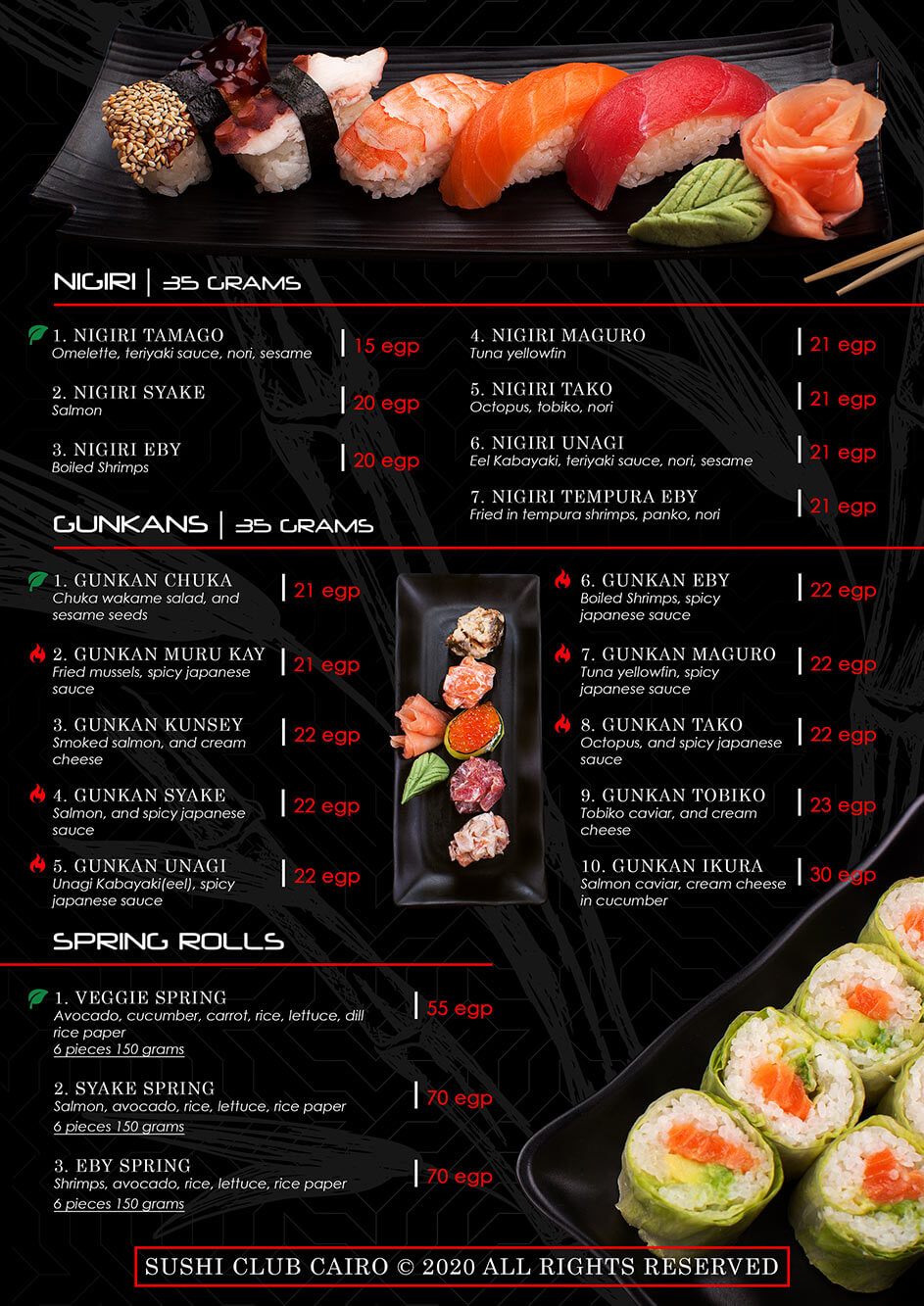Sushi Cairo Nigiri, Gunkans, Maki, Futomaki, Spring Rolls