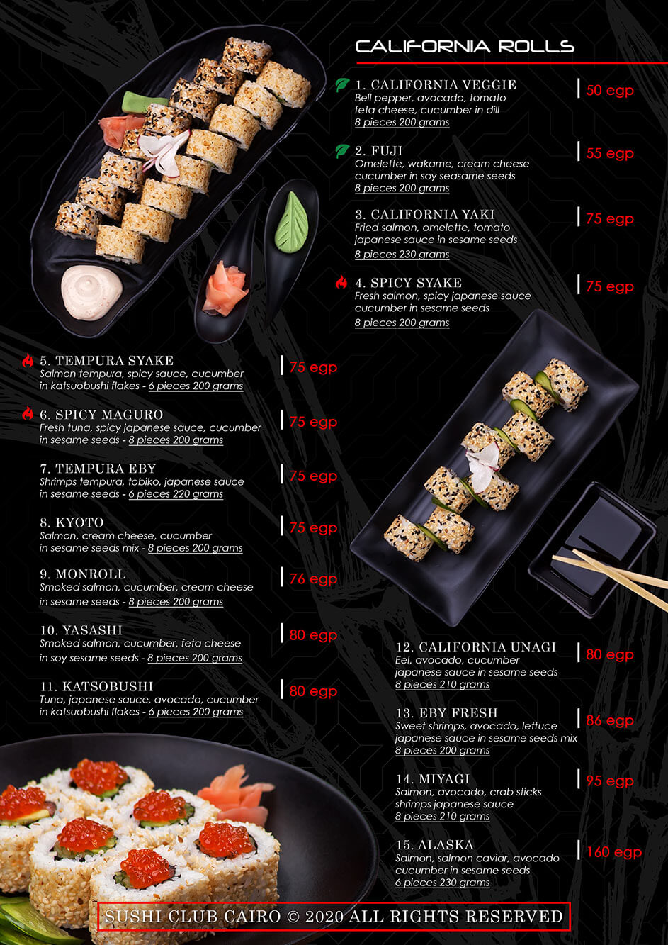 Sushi Cairo Dragon Rolls, Philadelphia, Ikura